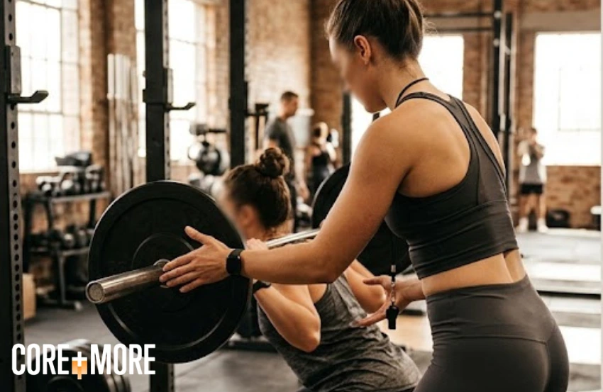 Certified Female Personal Trainer Clapham guiding a female client through a strength training workout in a modern fitness studio.
