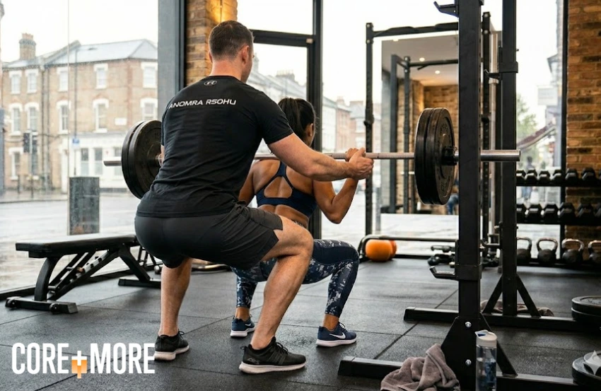 Strength Training Personal Sessions Clapham with a personal trainer guiding a client through a professional strength workout.