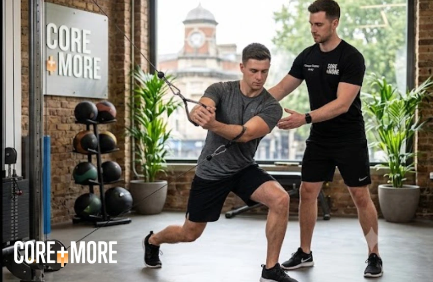 Core Strength Exercises Clapham session with a personal trainer helping a client improve stability and functional strength.