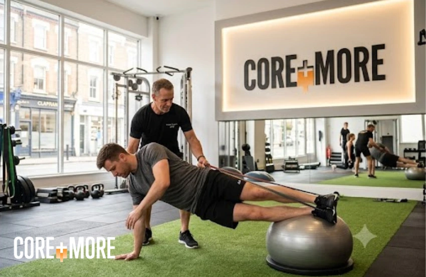 Core Personal Trainer Clapham guiding a member through a personalised fitness workout in a private training studio.