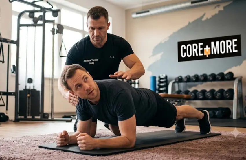 Personal Trainer Brixton helping a client with strength training in a modern fitness studio.