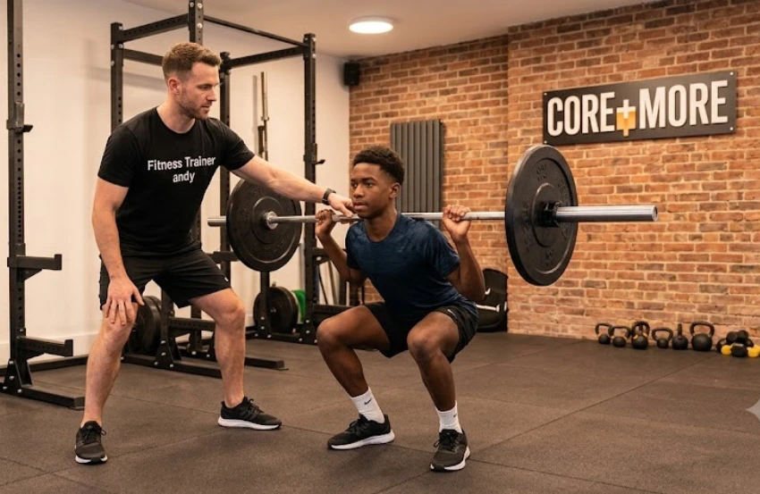 Personal Trainer Clapham for Athletes guiding an athlete through a strength training workout to improve performance and prevent injuries.