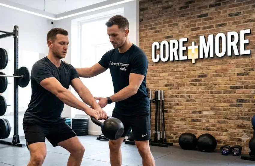 Personal Trainer Clapham North guiding a client through a strength workout in a private fitness studio.
