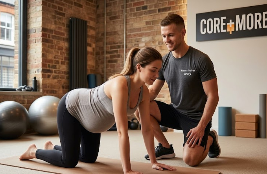 Personal Trainer During Pregnancy Clapham guiding a safe prenatal strength and mobility workout for an expectant mother in a private fitness studio.