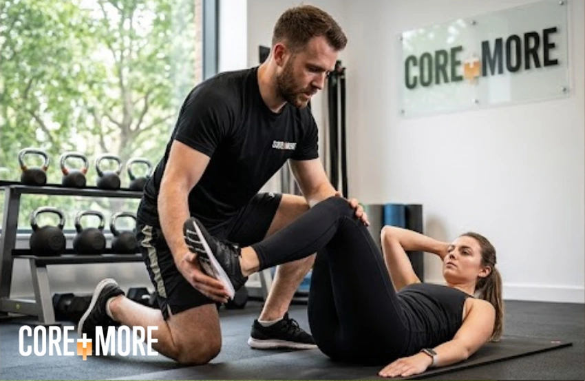 Core Personal Trainer Clapham helping a client improve core strength with functional exercises at Core and More Fitness.